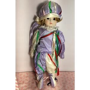 Vintage Porcelain Doll Jester With Box Clown Girl Collectable Art Decor VNT